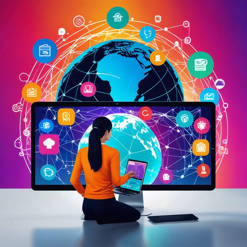 A person breaking through digital chains on a computer screen, surrounded by vibrant icons of various websites and apps, symbolizing internet freedom. A globe in the background with interconnected networks. bright, hopeful colors. vector art.