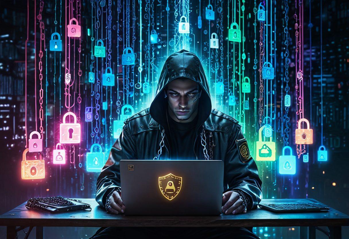 A person using a laptop with a digital shield icon breaking through chains symbolizing web censorship, surrounded by a web of glowing unlocked padlocks and diverse website logos. The background shows a matrix of fading binary code. cyberpunk. vibrant colors. 3D.