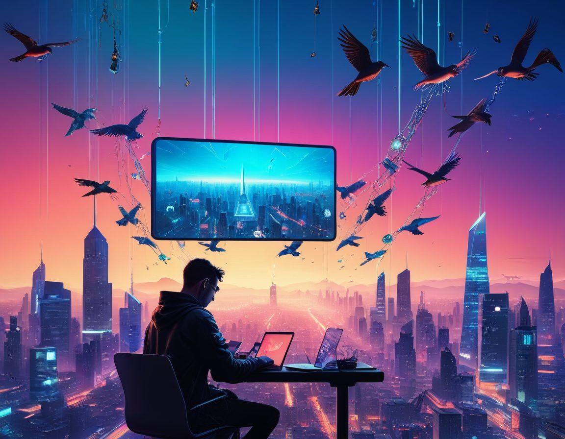 A futuristic cityscape with people using various devices like laptops, smartphones, and tablets, all showcasing unlocked and flowing website icons. A large digital key and chain breaking apart hover above the scene, symbolizing freedom. Background should have a clear sky with birds flying, representing liberation. cyberpunk. vibrant colors. high contrast.